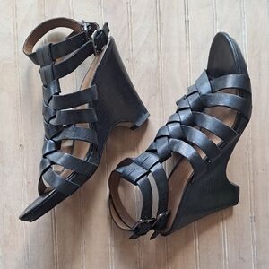 Franco Sarto A-Nikita Black Leather Caged Wedge Double Ankle Straps Sandals